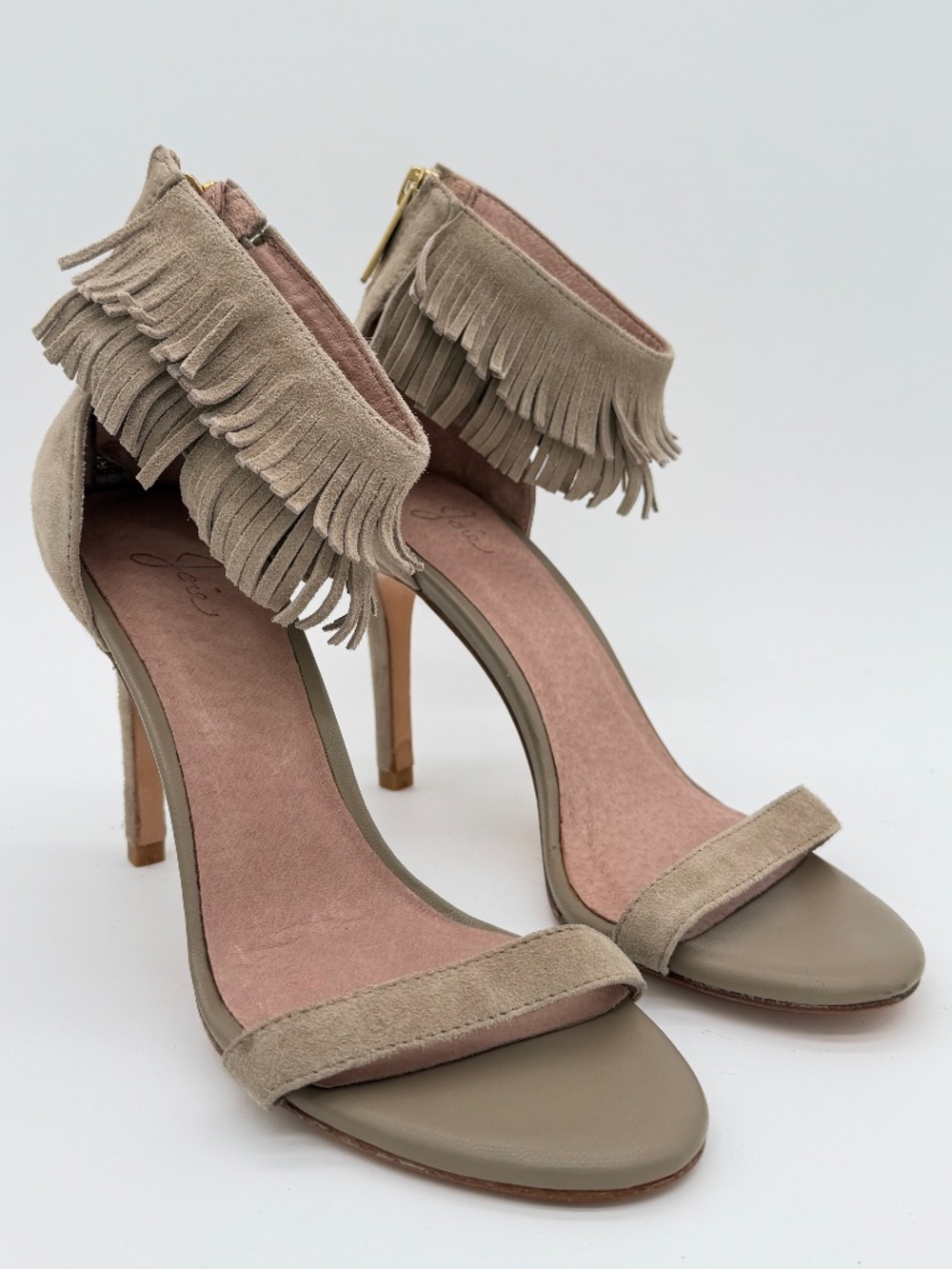 JOIE ALEK FRINGE SANDALS SUEDE ANKLE STRAP HEELS TAUPE BOHO SIZE 36.5 US 6.5
